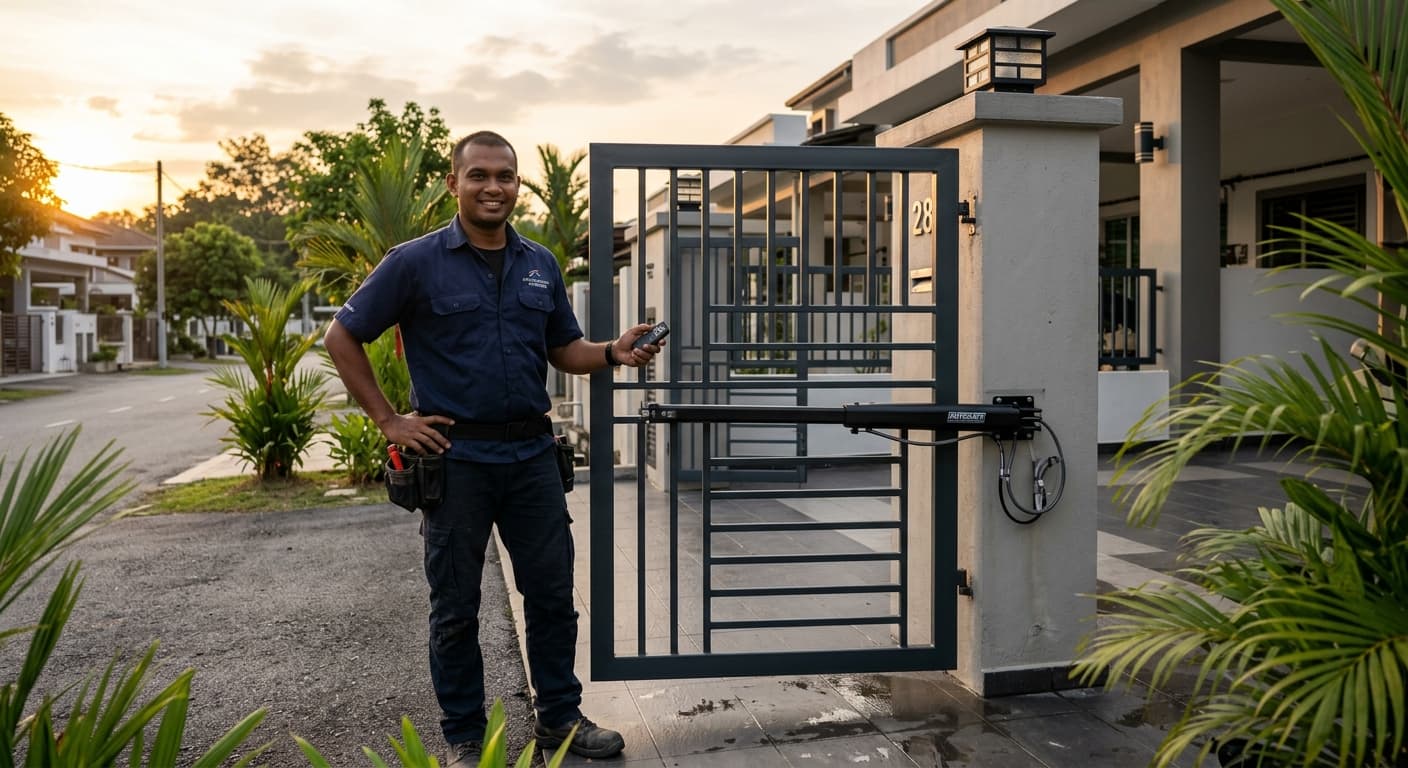 Juruteknik GateMaster di sebelah autogate arm type yang baru dipasang di rumah teres